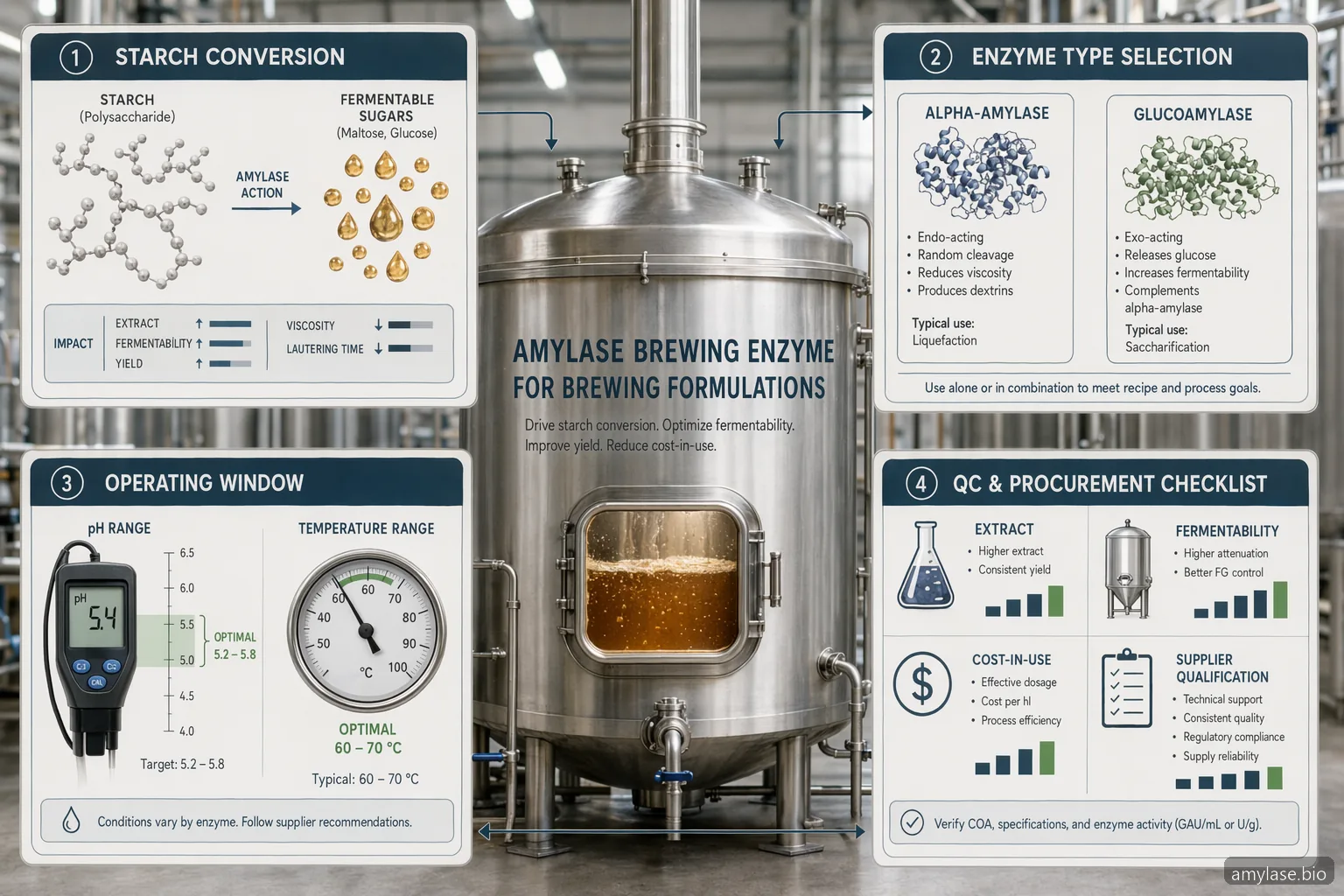 amylase Brauerei-Enzym für Brauformulierungen, Infografik mit Stärkeumwandlung, Maischkontrollen, QC und Lieferkriterien