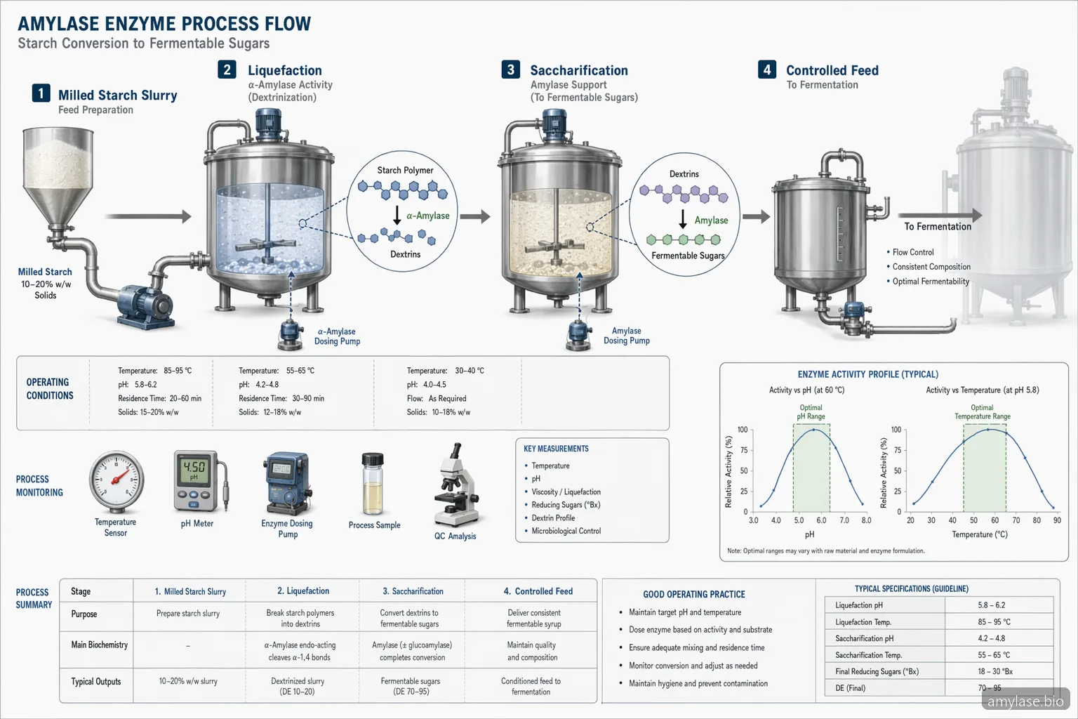 amylase enzyme do destylacji: diagram procesu z warunkami upłynniania, dawką i wydajnością cukrów