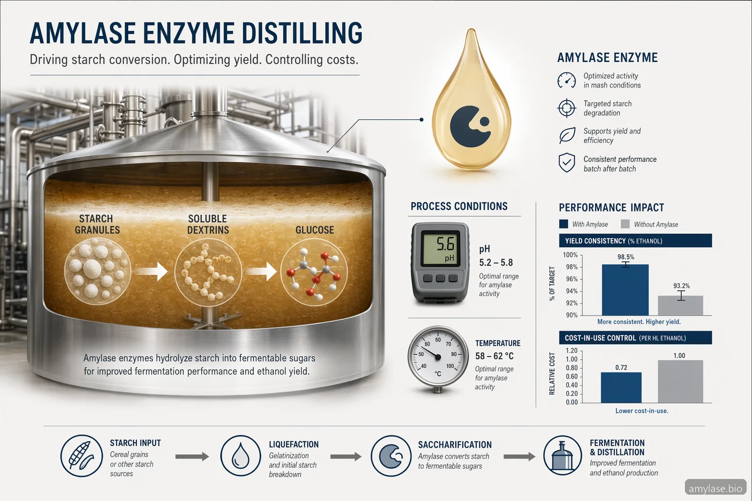 amylase enzyme do destylacji: infografika procesu z konwersją skrobi, dawkowaniem, QC i kontrolą kosztów