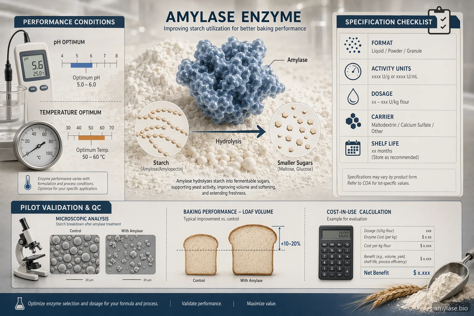 amylase enzyme formula specification checklist for baking, comparing format, activity units, process fit, and QC