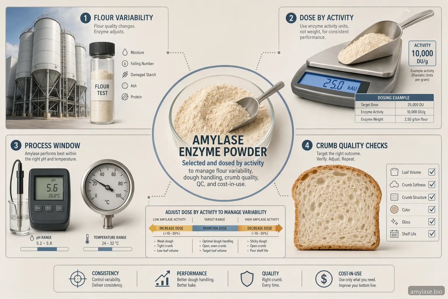 amylase enzyme powder baking guide infographic showing dosage, pH, temperature, flour QC, and crumb quality