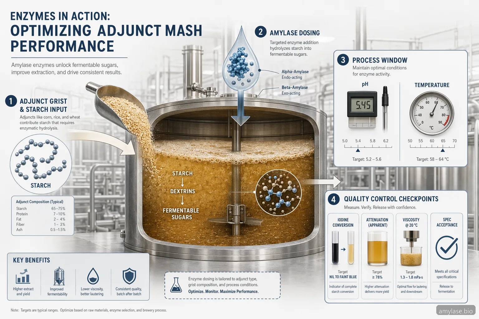 how to use amylase enzyme in brewing: bryghusinfografik med malt, dosering, mæskebetingelser og QC-kontrol